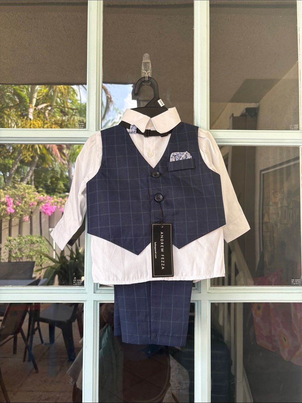 Andrew Fezza Navy Windowpane Kids Vest, Pants & White Shirt Set